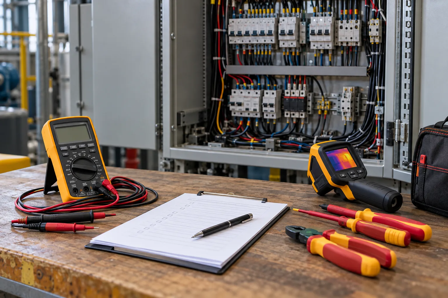 Instrumentos de diagnóstico e ferramentas para manutenção preventiva de painéis elétricos.