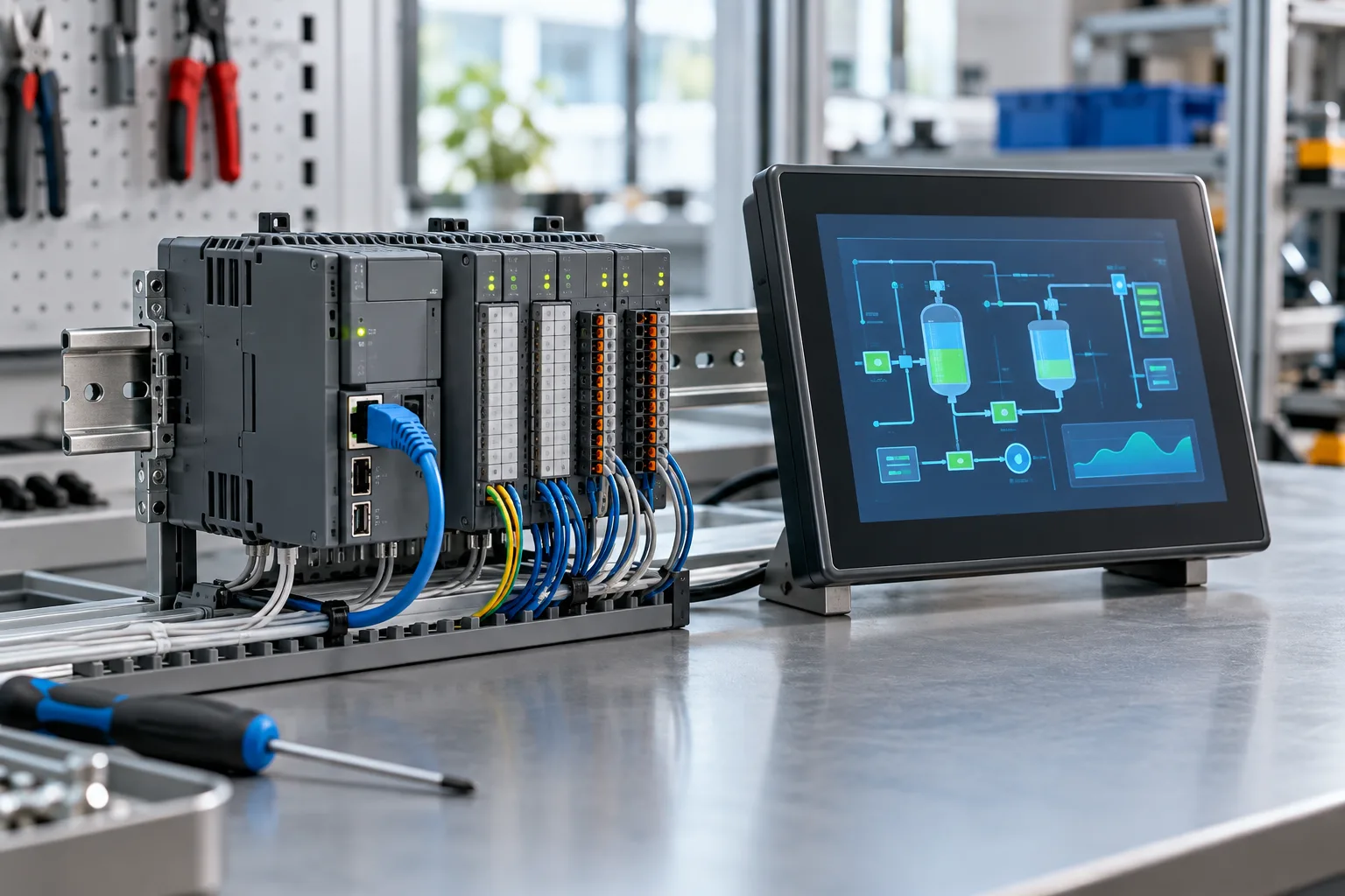 CLP conectado a uma interface IHM em uma bancada de automação industrial.