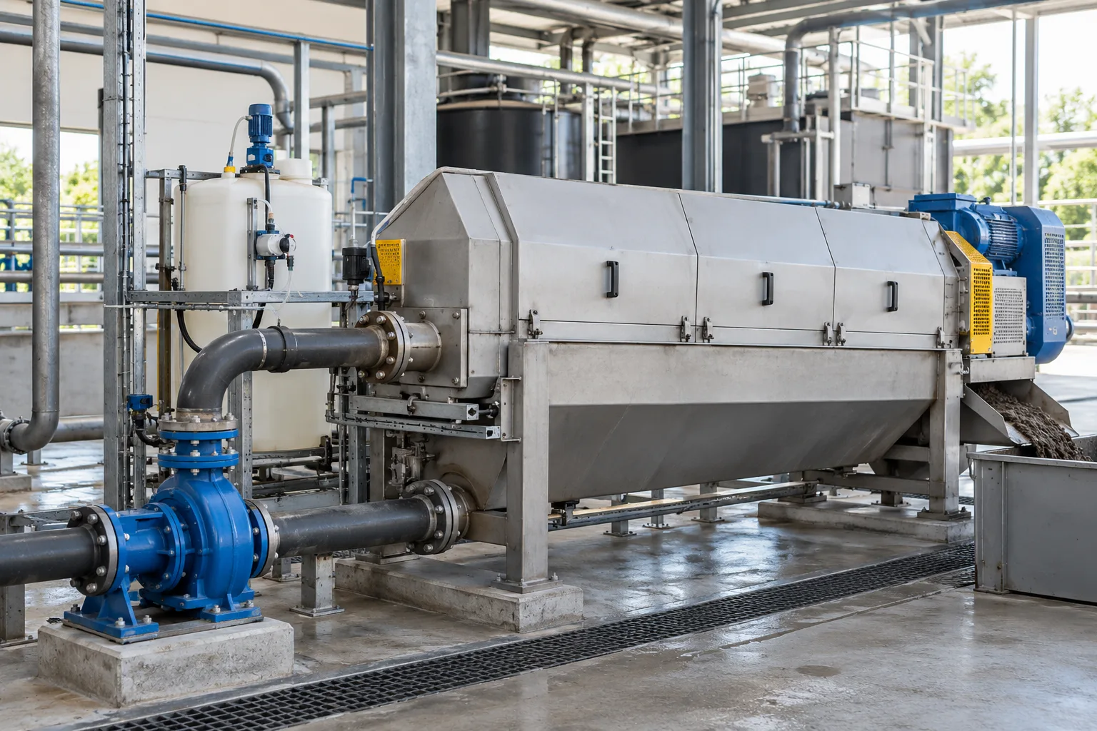 Equipamento de desidratação de lodo com alimentação e acionamento.