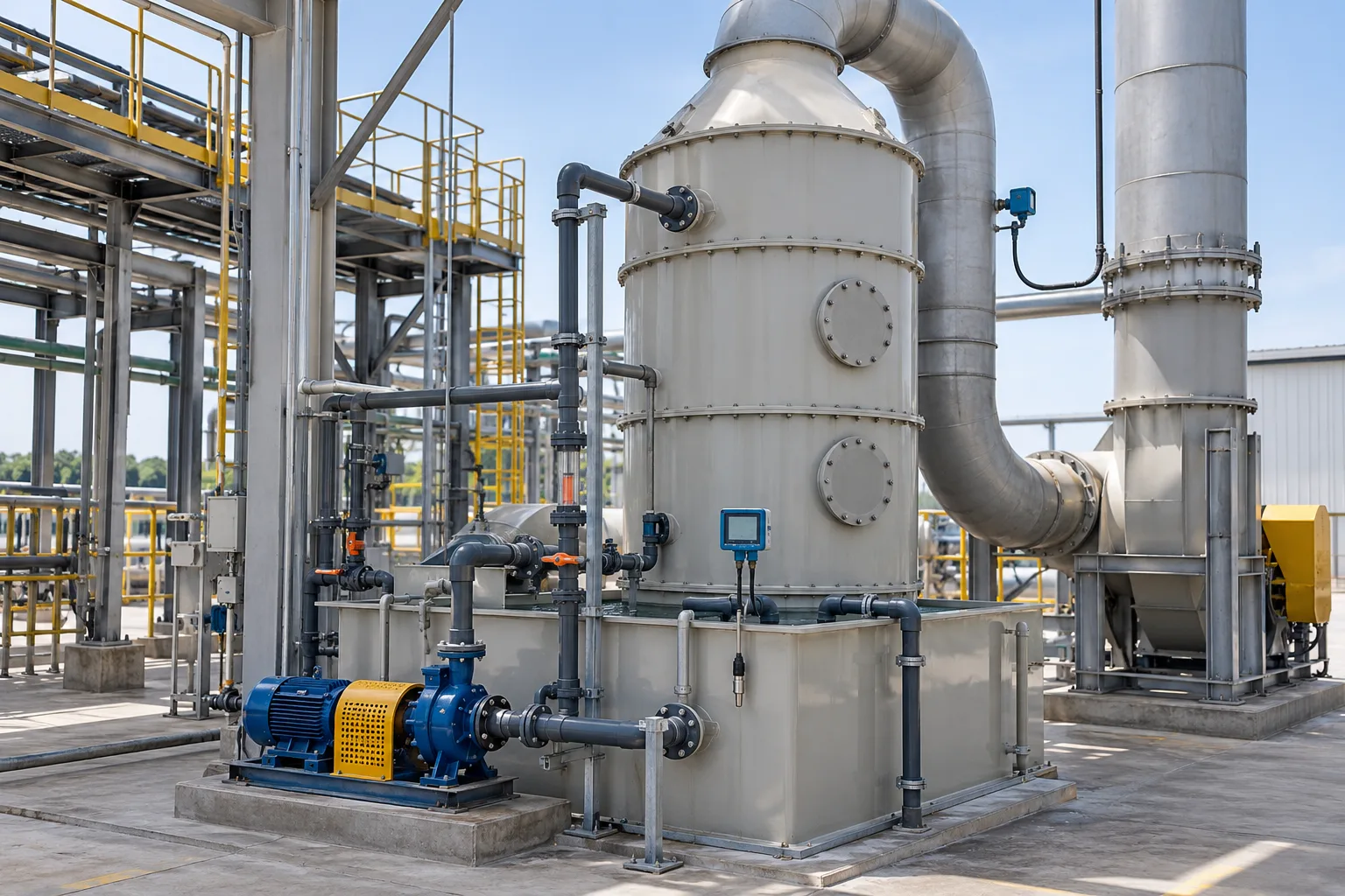 Lavador de gases com circuito de recirculação e instrumentos.