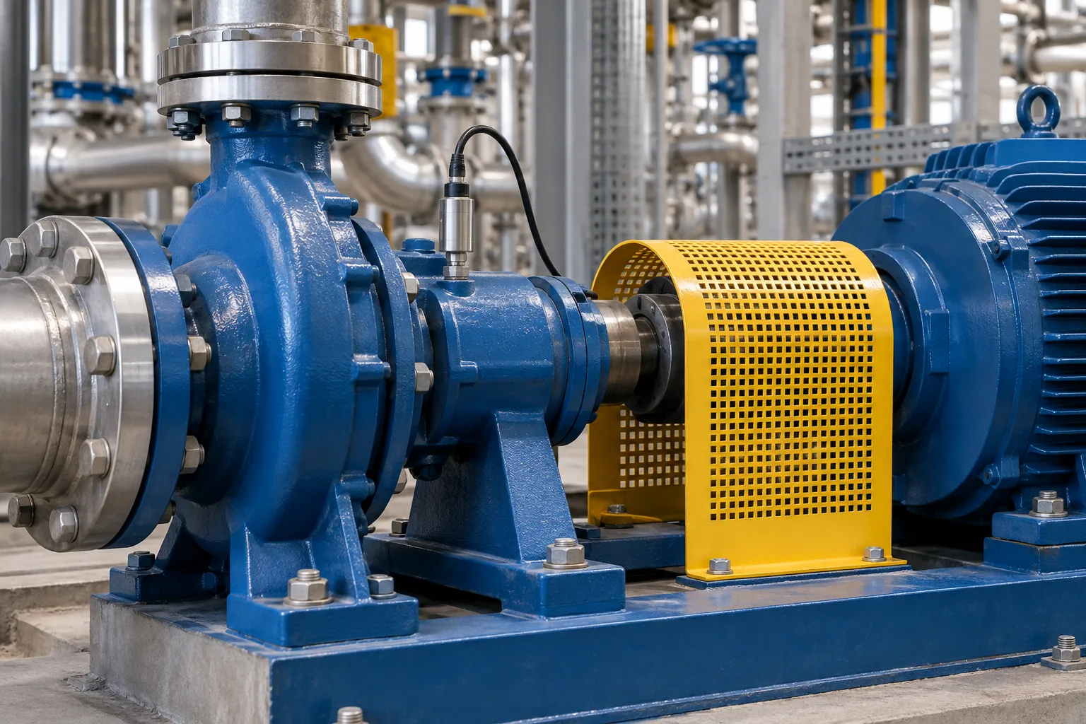 Sensor de vibração instalado em conjunto de bombeamento.