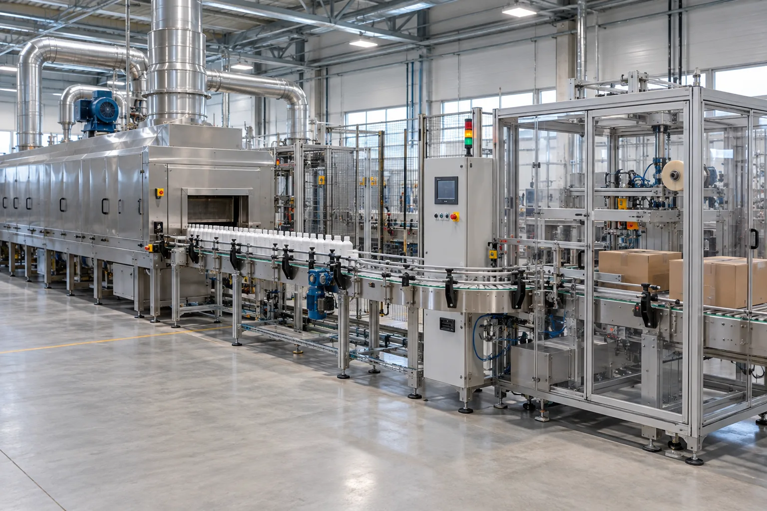 Linha industrial com secagem, transporte e embalagem integrados.