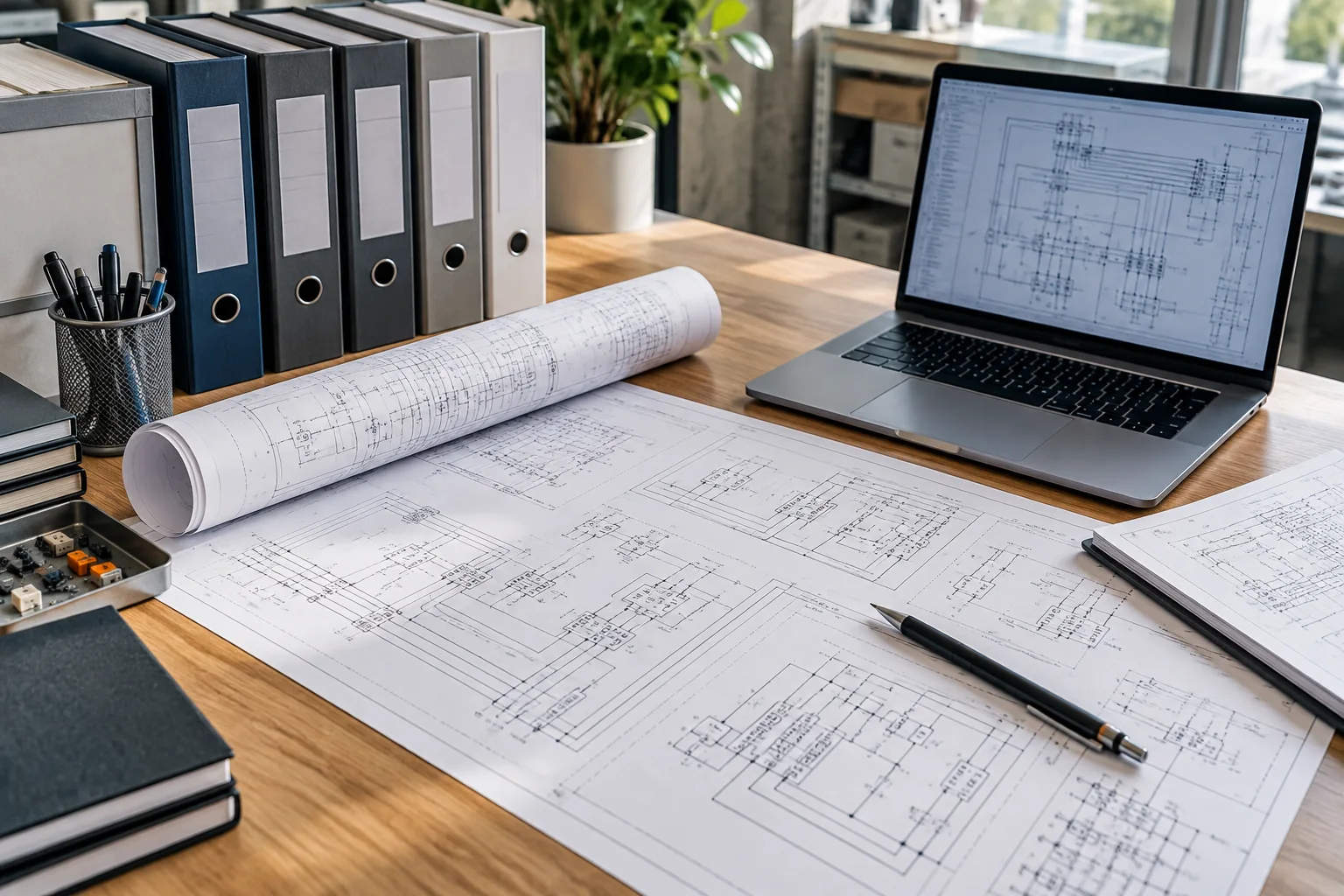Diagramas elétricos e documentos técnicos organizados em uma mesa de trabalho.