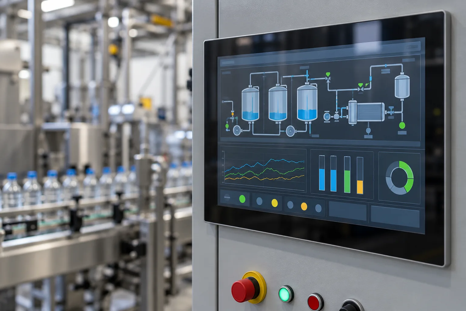 Tela IHM exibindo indicadores e informações de um processo industrial.