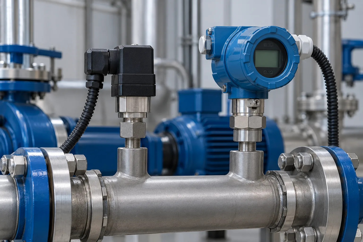 Pressostato e transmissor de pressão em uma instalação industrial.