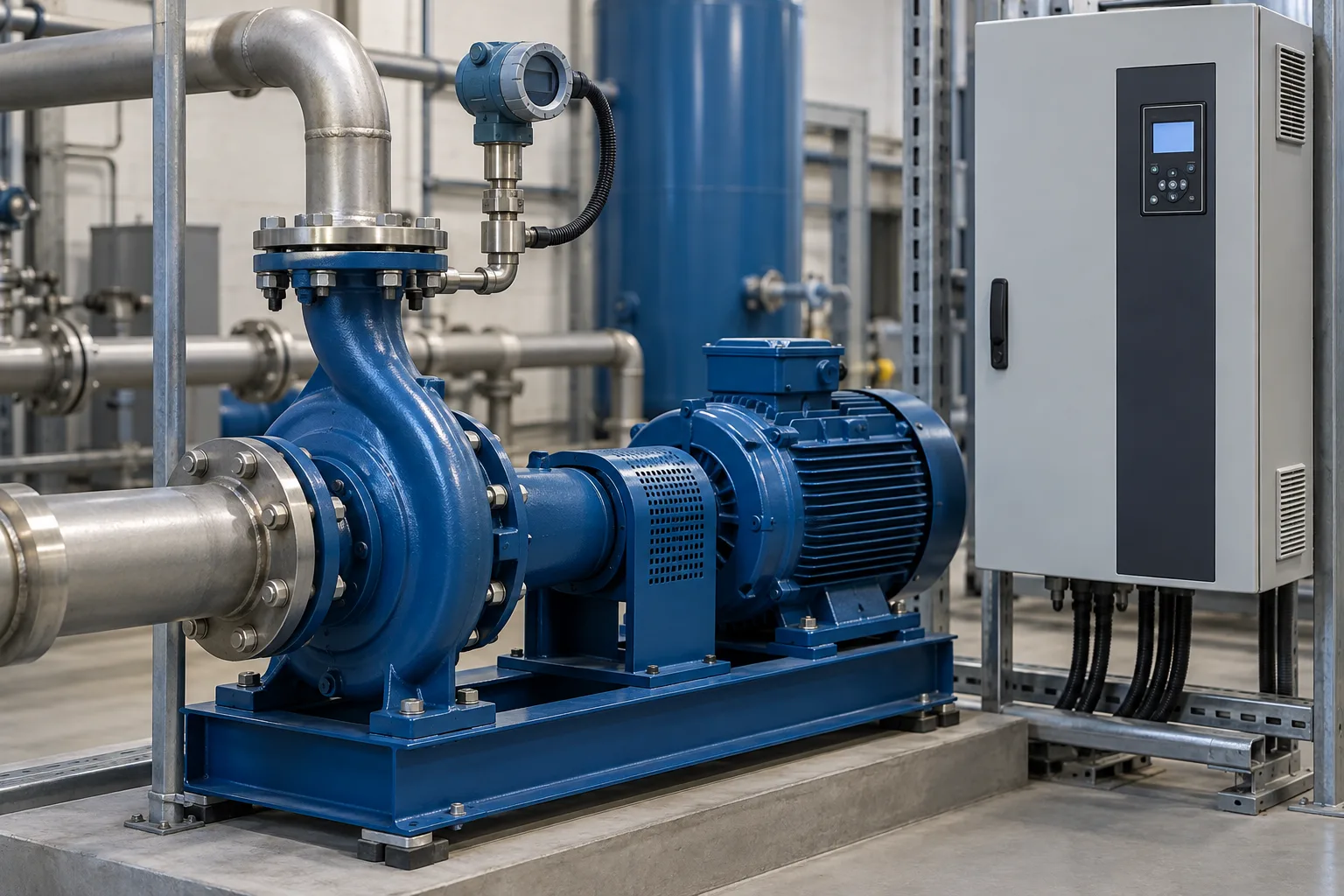 Conjunto de bombeamento com instrumentação de pressão e acionamento elétrico.