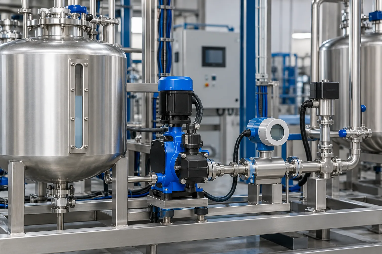 Linha de dosagem com bomba, válvula e instrumentação de processo.