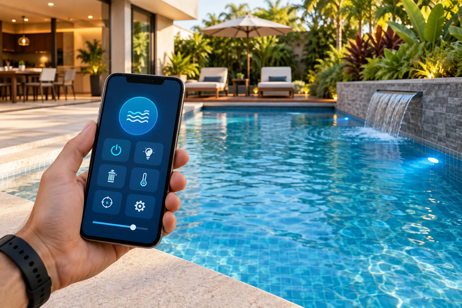 Piscina residencial com controle de automação pelo celular.