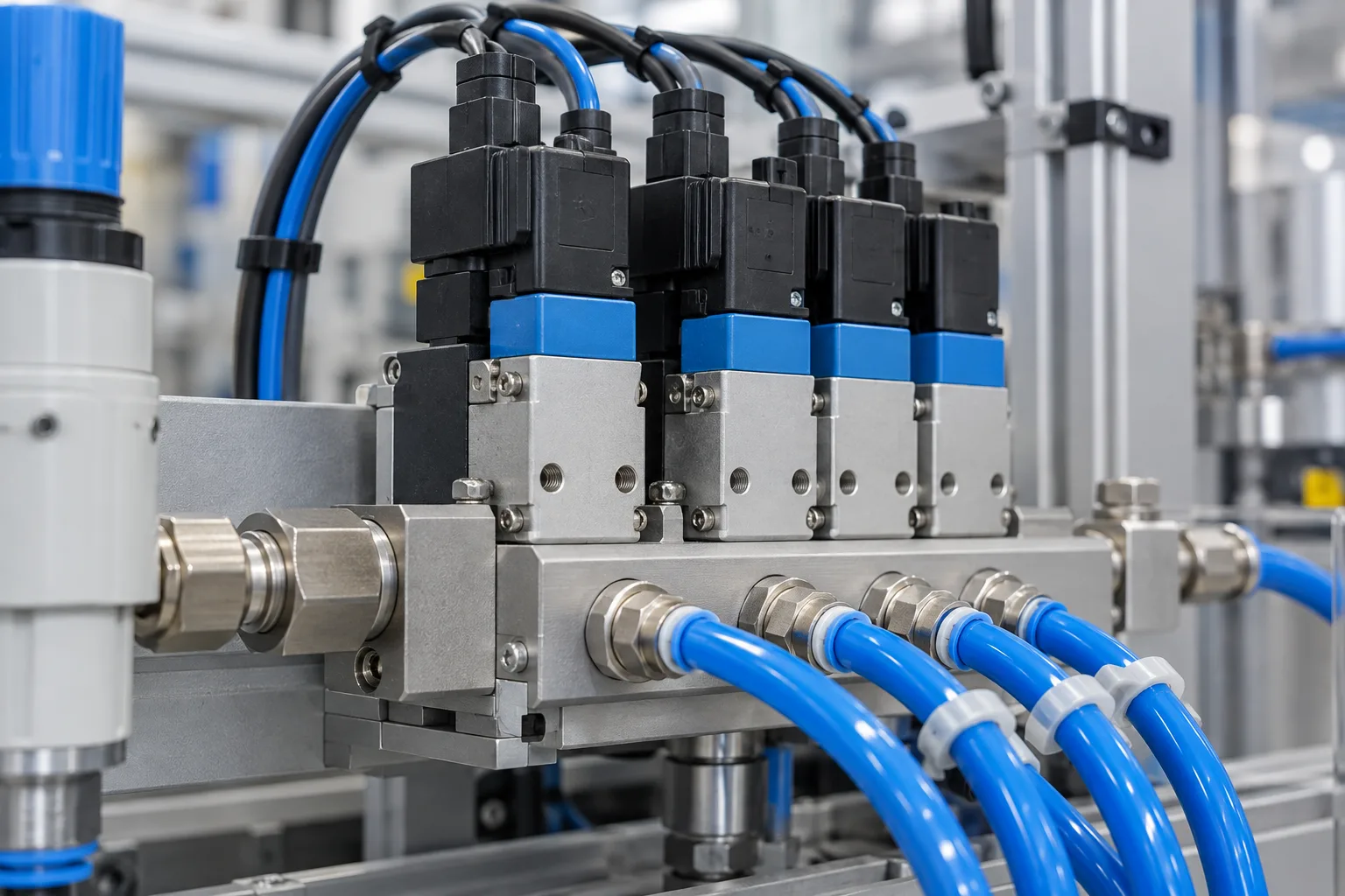 Válvulas solenoides e bobinas em um circuito industrial.