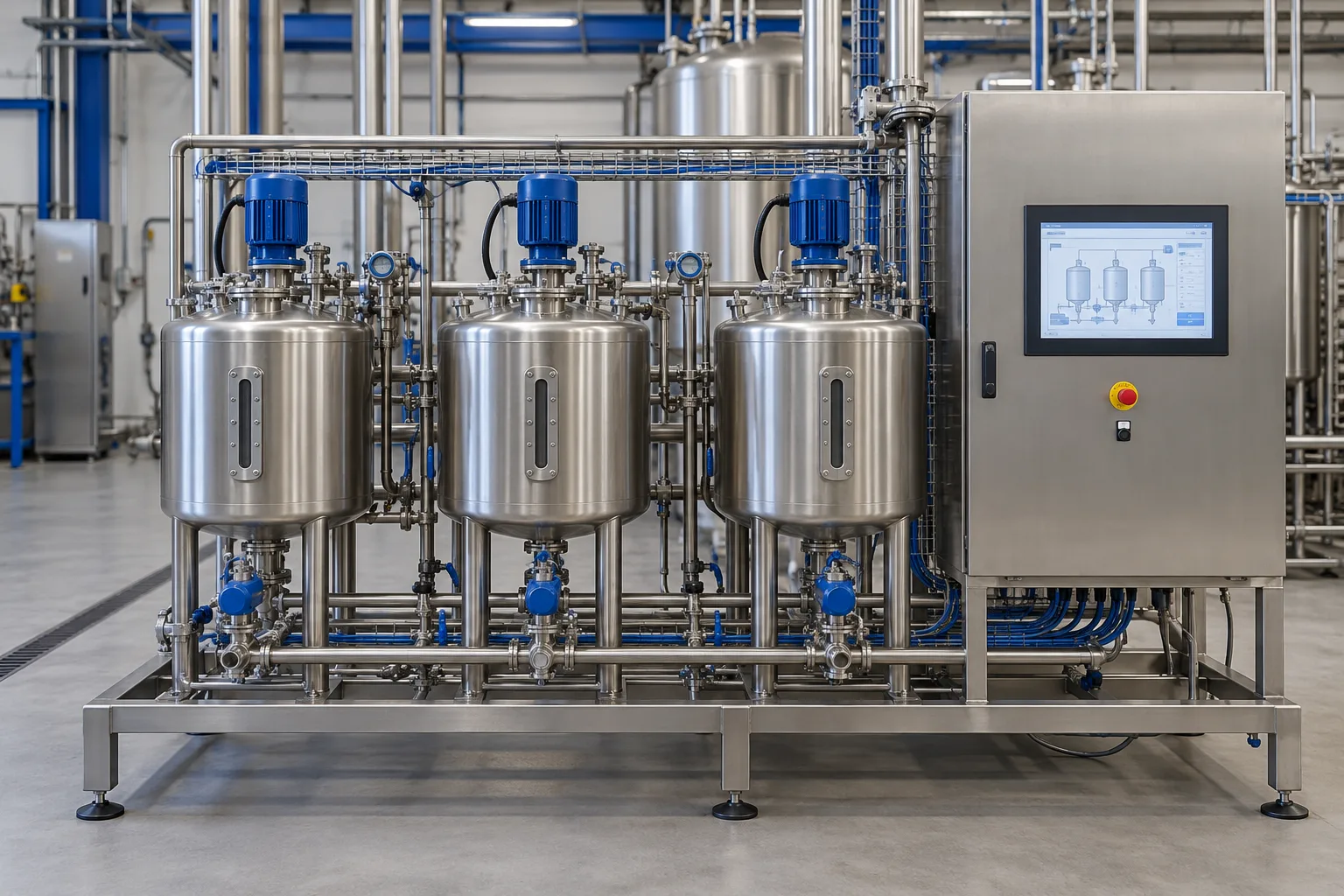 Conjunto de tanques e tubulações para processamento por lotes.