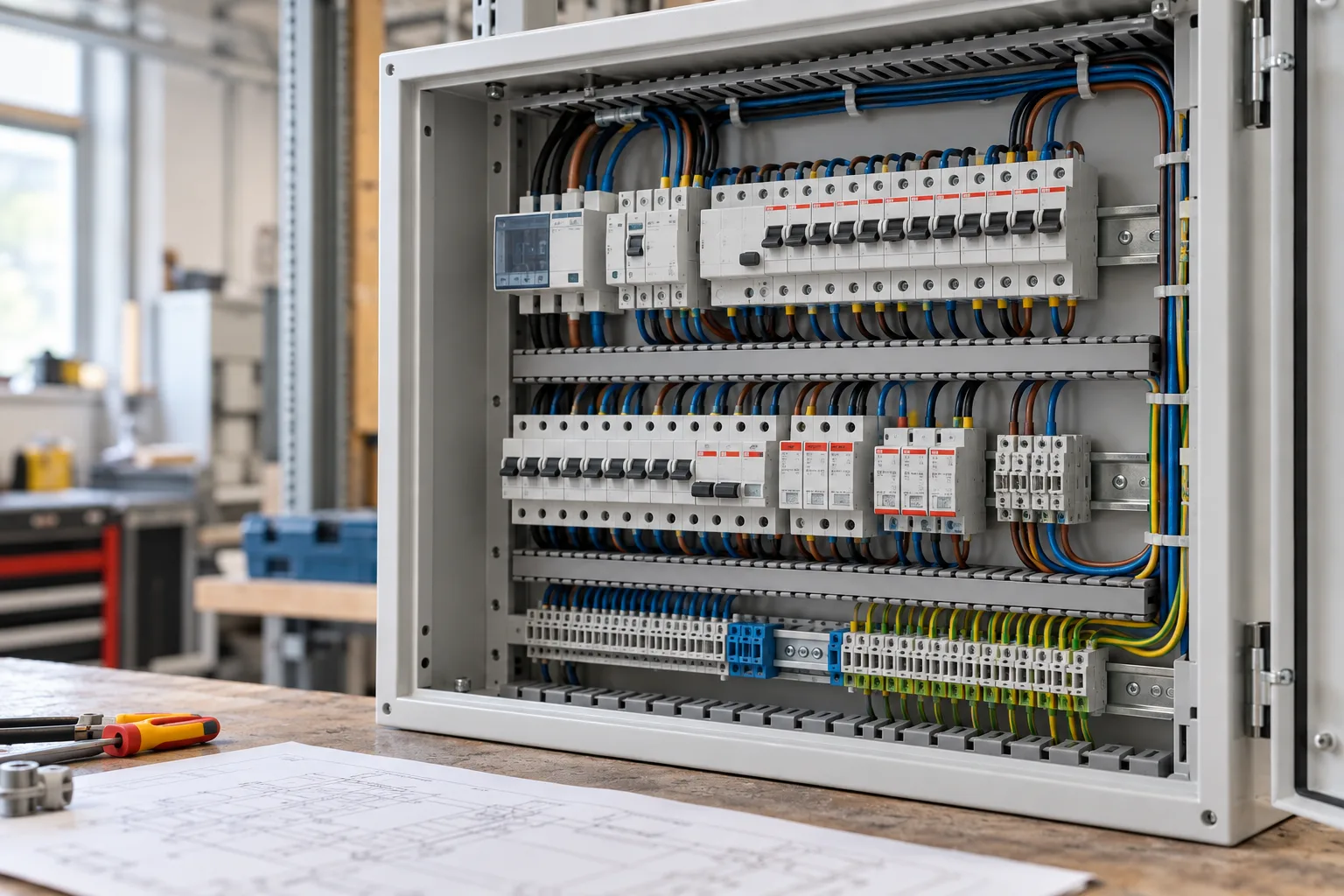 Quadro de distribuição com disjuntores, barramentos e cabos organizados.