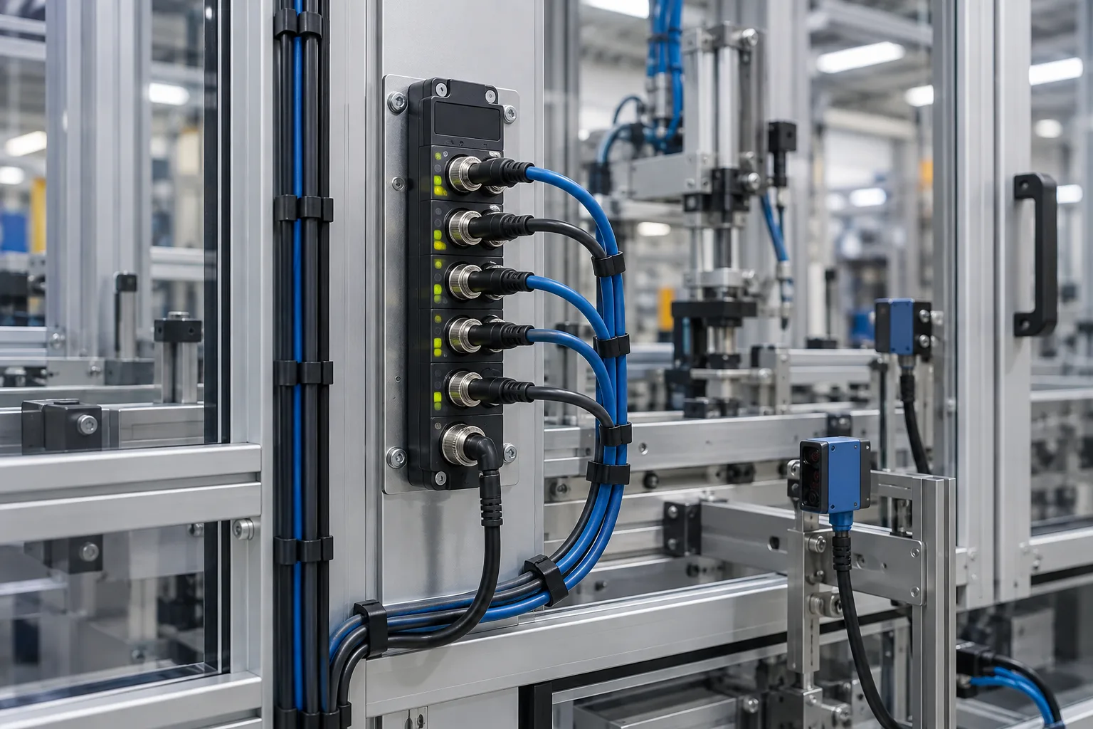 Mestre IO-Link conectado a sensores industriais.