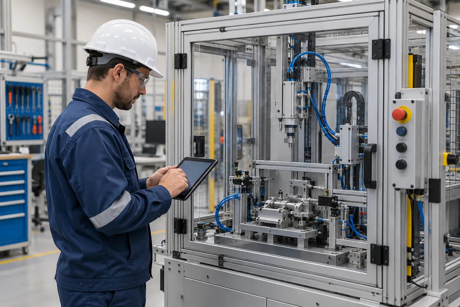 Bancada industrial preparada para verificar sensores e atuadores.