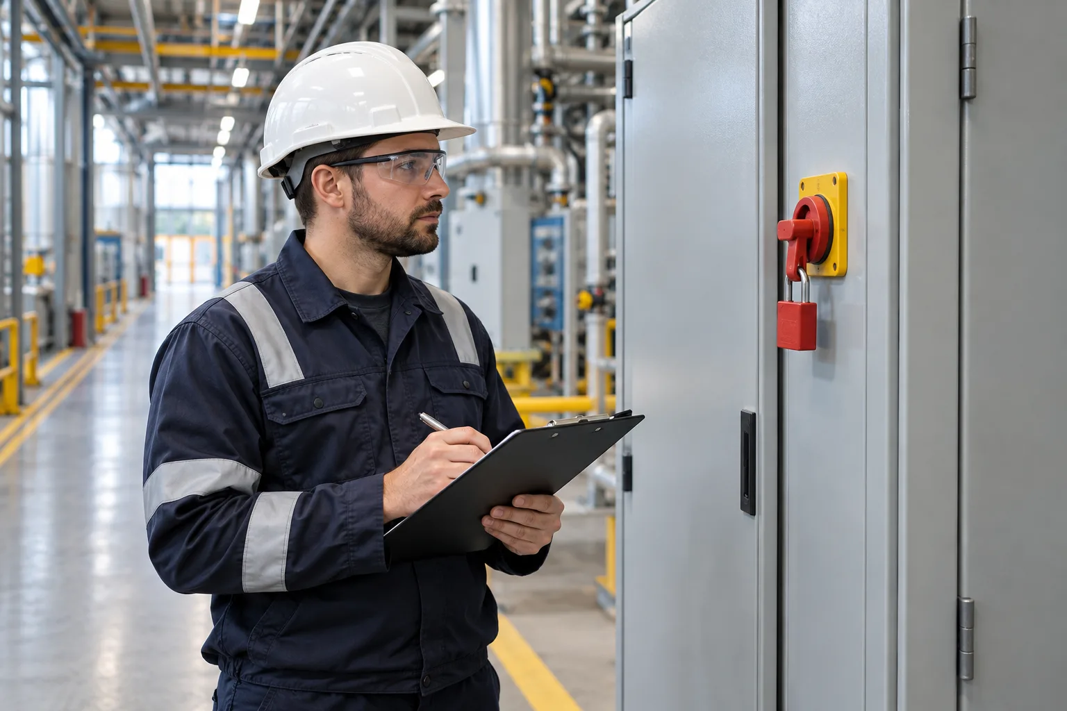 Profissional com capacete e óculos de proteção inspecionando um painel elétrico fechado.
