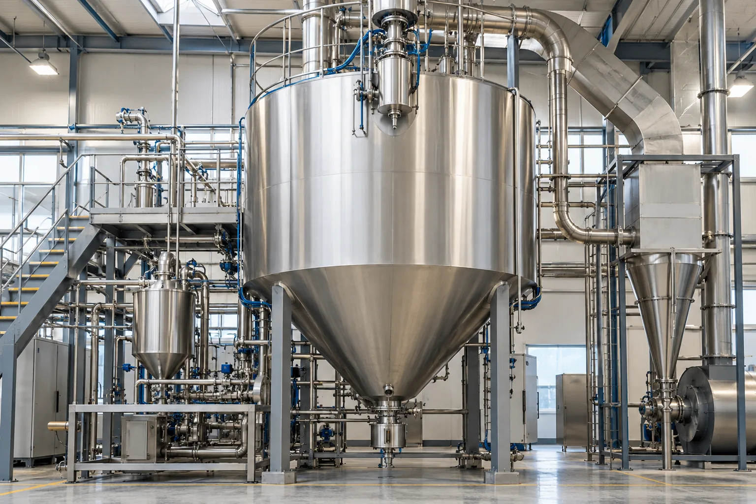 Câmara de spray dryer com alimentação de líquido e dutos de ar.