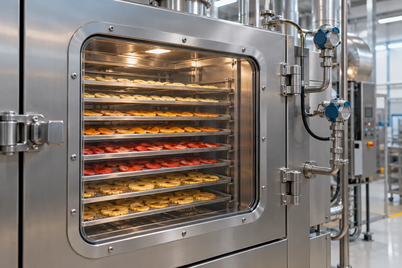 Secagem de alimentos em bandejas com instrumentação de temperatura e umidade.
