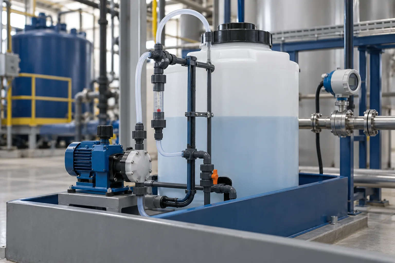Sistema de dosagem química com tanque, bomba e instrumentação.